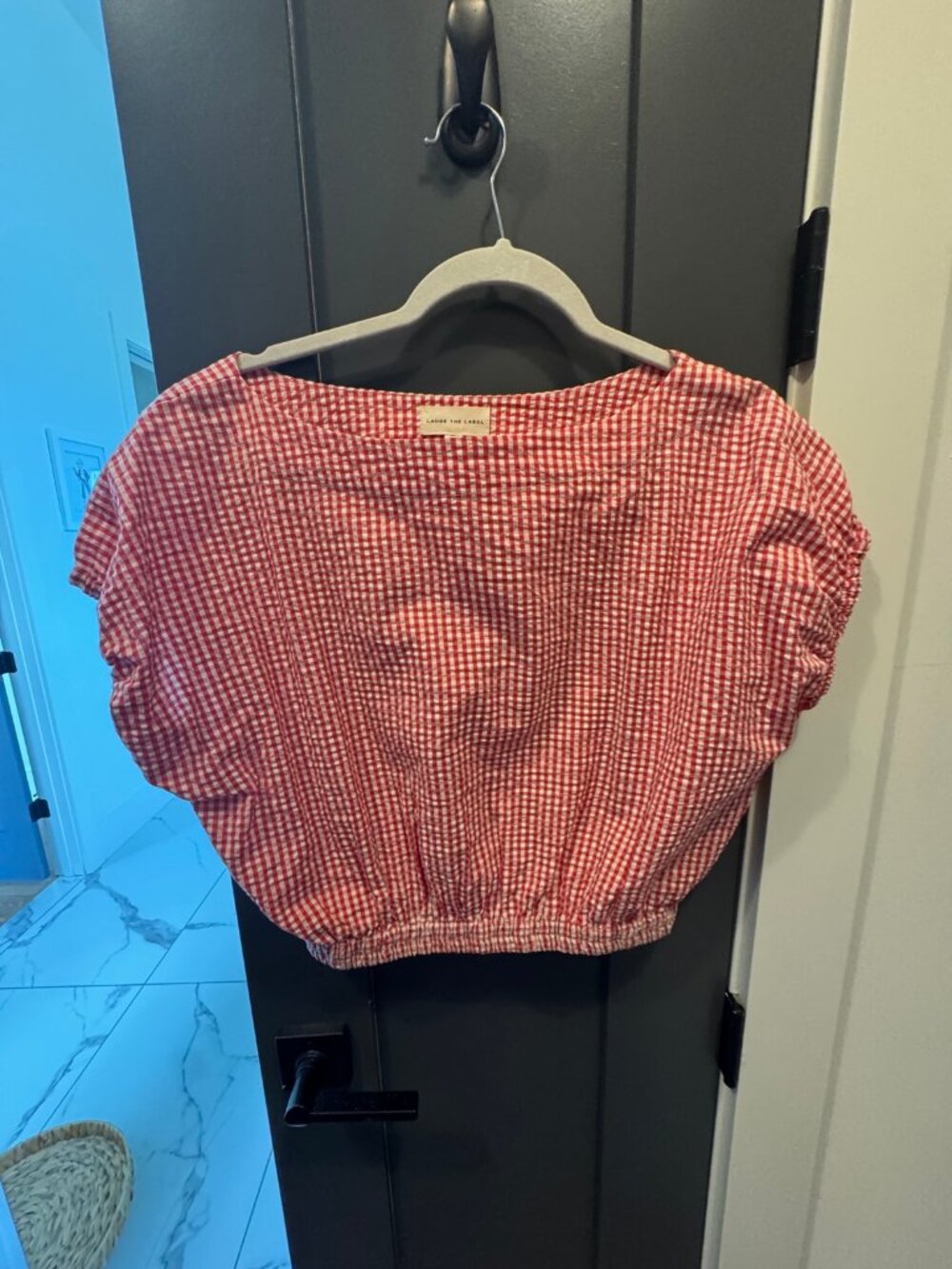 Laude the Label Red Gingham Seersucker Puff-Sleeve Crop Top - M
